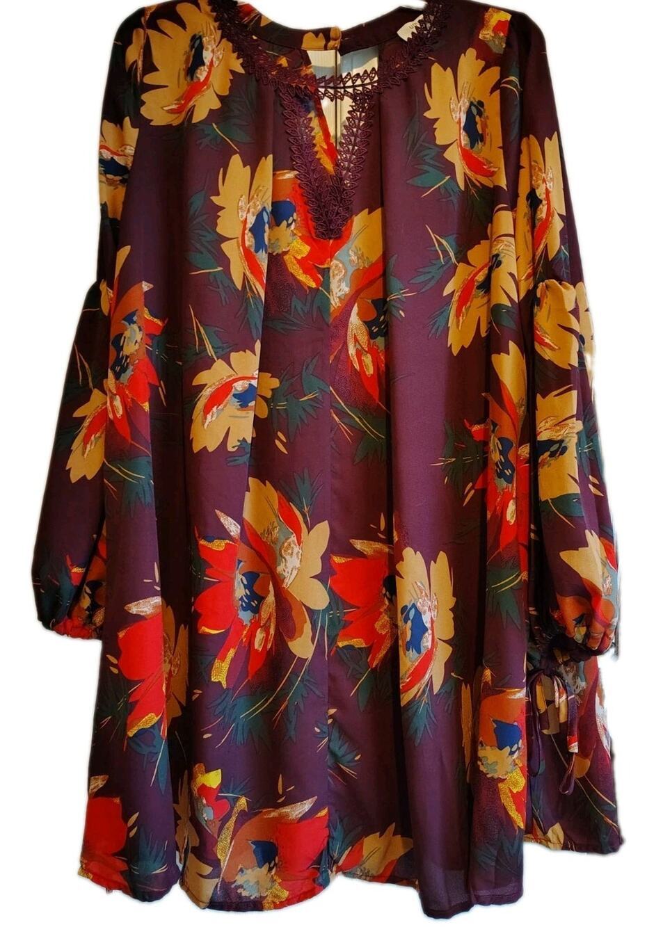 Umgee Floral Shift Dress Large Burgundy Maroon Boho Lace Crochet Trim Keyhole...
